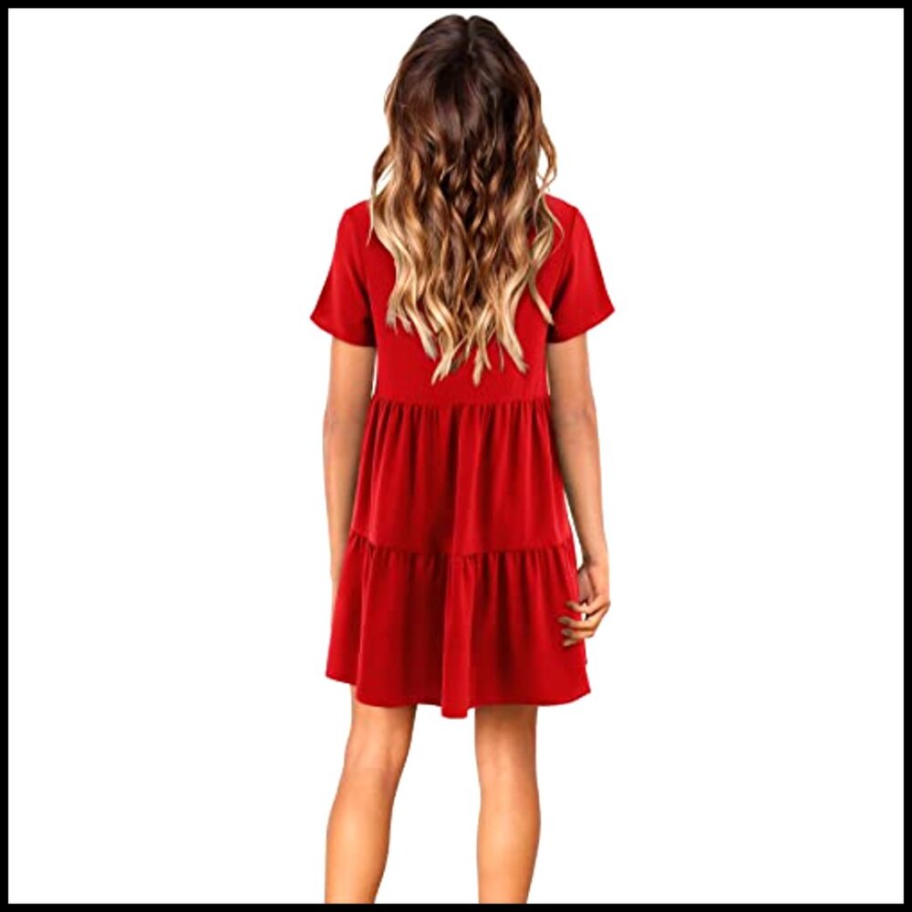 Women's Summer Tunic Dress V Neck Short Sleeve Loose Flowy Swing Shift - Picture 3 of 6